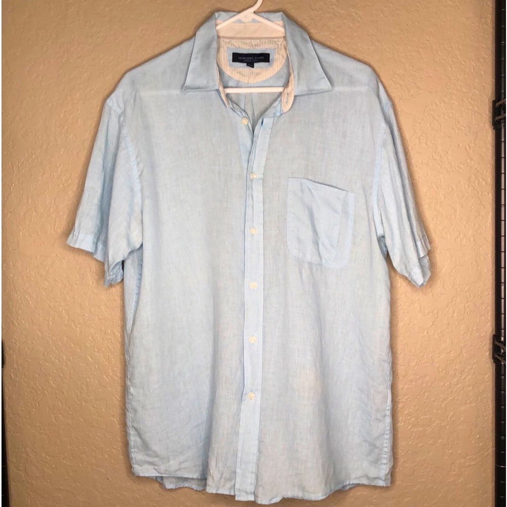 Beautiful light blue 100% linen short sleeve button down